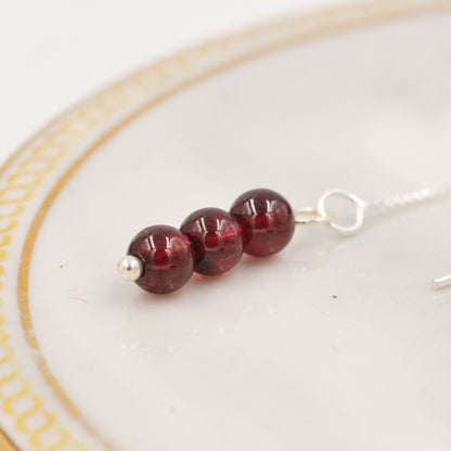 Genuine Garnet Gemstone Ear Threaders in Sterling Silver, Three Beads Threader Earrings, Ear Jacket. Dark Red Garnet Crystals