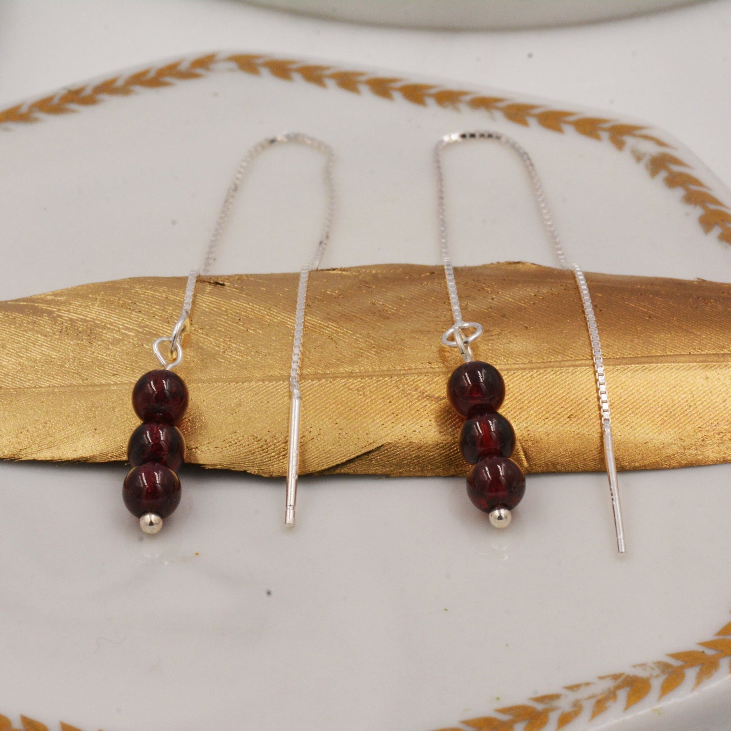 Genuine Garnet Gemstone Ear Threaders in Sterling Silver, Three Beads Threader Earrings, Ear Jacket. Dark Red Garnet Crystals