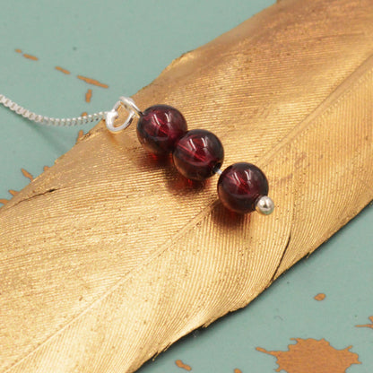 Genuine Garnet Gemstone Ear Threaders in Sterling Silver, Three Beads Threader Earrings, Ear Jacket. Dark Red Garnet Crystals