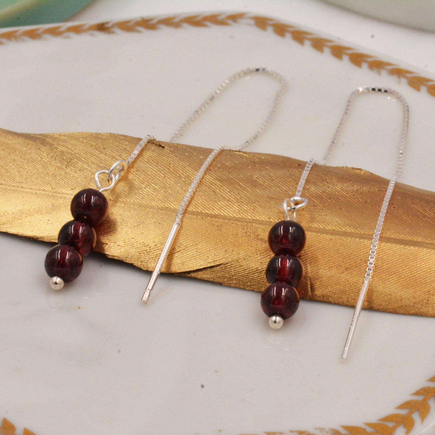 Genuine Garnet Gemstone Ear Threaders in Sterling Silver, Three Beads Threader Earrings, Ear Jacket. Dark Red Garnet Crystals