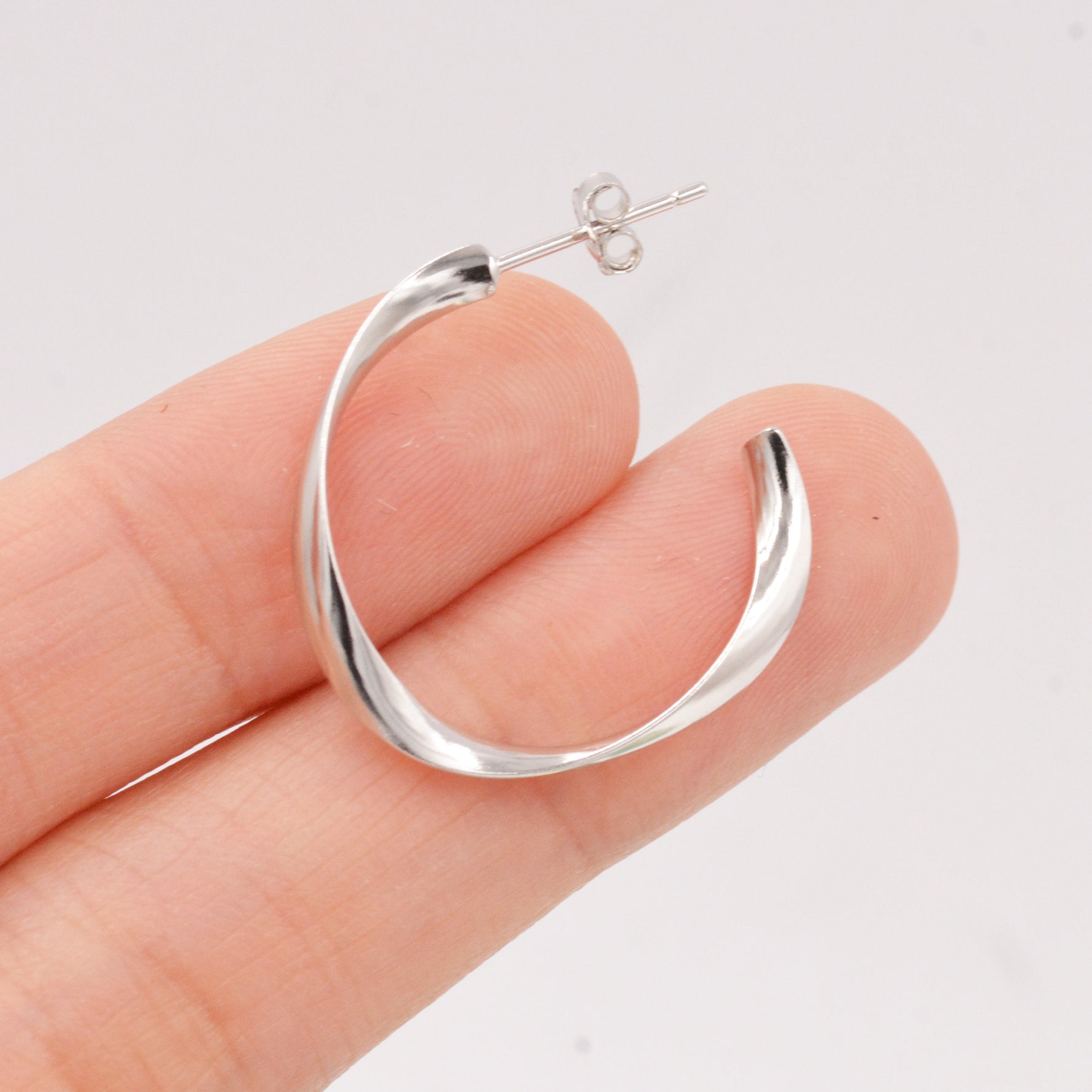 Twisted Strip Mobius Band Large Semi Hoop Stud Earrings in Sterling Silver, Silver or Gold or Rose Gold, Minimalist Contemporary Design
