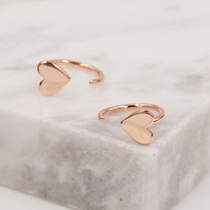 Tiny Heart Huggie Hoop Earrings in Sterling Silver, Silver, Gold or Rose Gold, Dainty Little Heart Open Threader, Threader Hoop Earrings