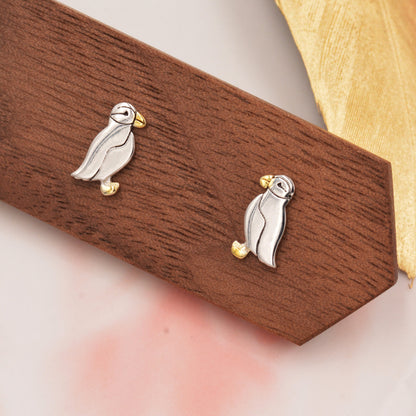 Puffin Bird Stud Earrings in Sterling Silver - Gold and Silver Two Tone - Cute, Fun, Whimsical and Pretty Jewellery