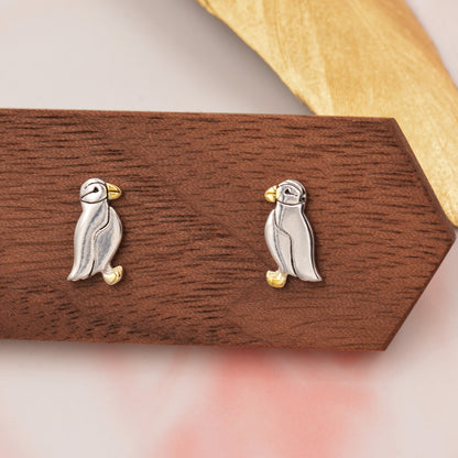 Puffin Bird Stud Earrings in Sterling Silver - Gold and Silver Two Tone - Cute, Fun, Whimsical and Pretty Jewellery