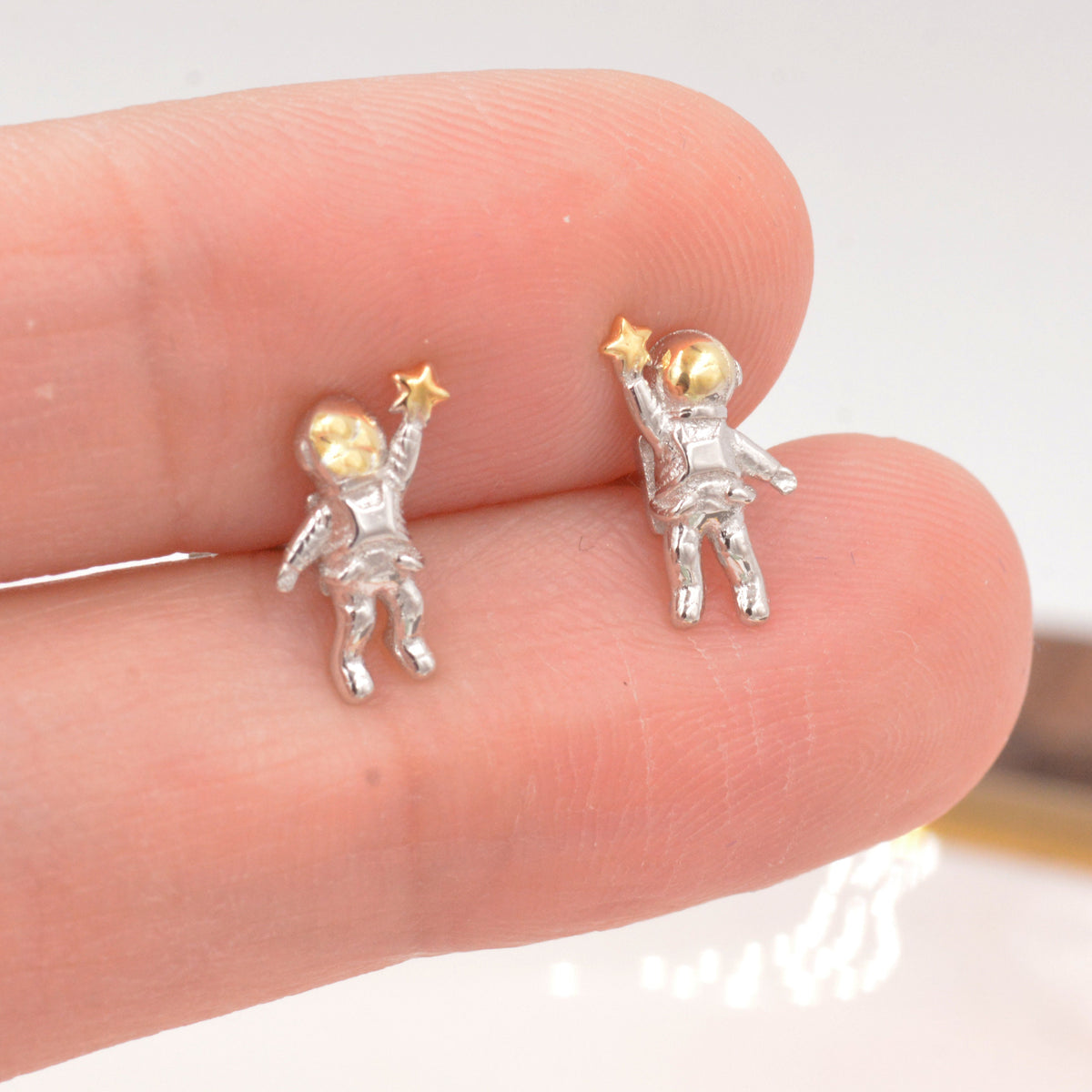 Extra Tiny Spaceman Astronaut Stud Earrings in Sterling Silver - Miniature Space Earrings - Planet Earrings - Whimsical and Pretty Jewellery