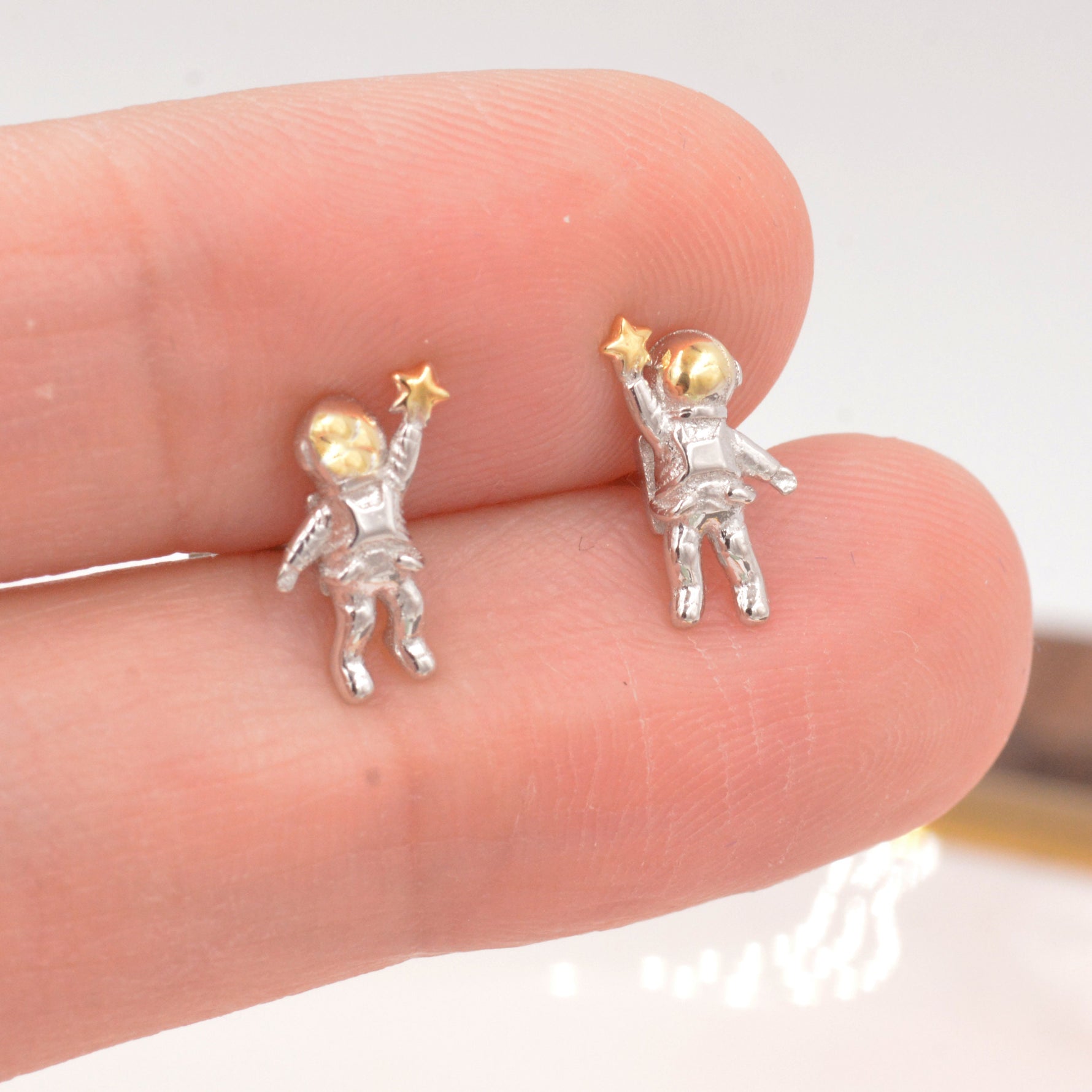 Extra Tiny Spaceman Astronaut Stud Earrings in Sterling Silver - Miniature Space Earrings - Planet Earrings - Whimsical and Pretty Jewellery