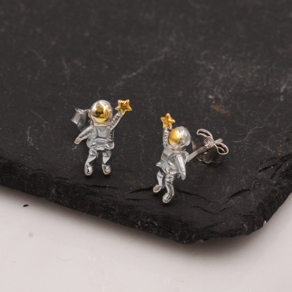 Extra Tiny Spaceman Astronaut Stud Earrings in Sterling Silver - Miniature Space Earrings - Planet Earrings - Whimsical and Pretty Jewellery
