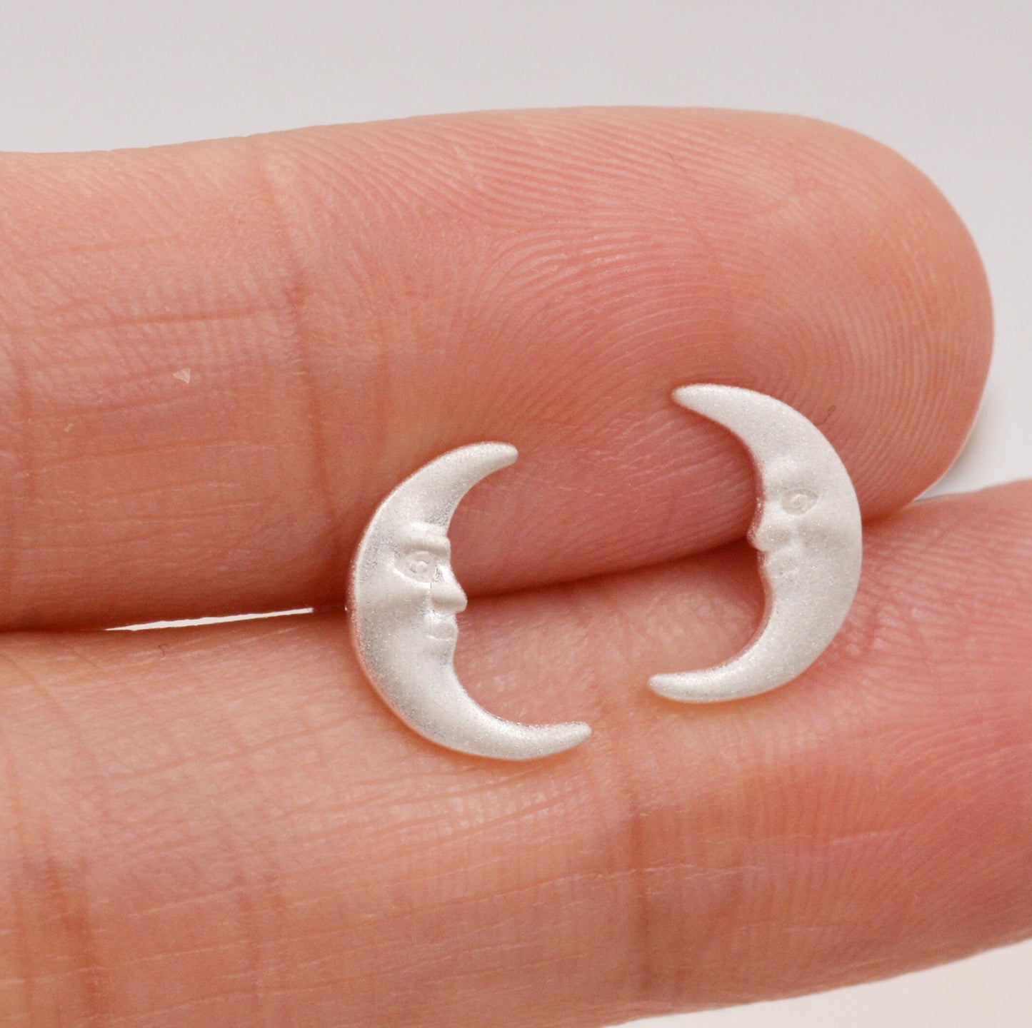 Man in the Moon Stud Earrings in Sterling Silver - Frosted Finish - Gold or Silver - Cute, Fun, Whimsical and Pretty Jewellery