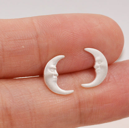 Man in the Moon Stud Earrings in Sterling Silver - Frosted Finish - Gold or Silver - Cute, Fun, Whimsical and Pretty Jewellery