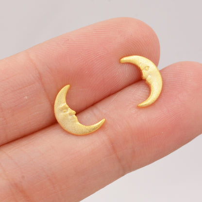 Man in the Moon Stud Earrings in Sterling Silver - Frosted Finish - Gold or Silver - Cute, Fun, Whimsical and Pretty Jewellery