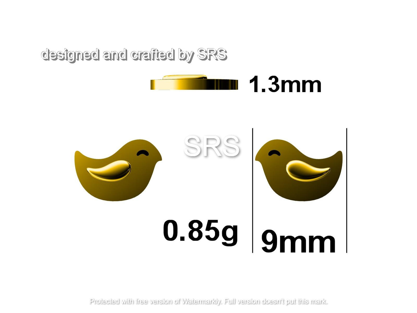 Little Wren Bird Stud Earrings in Sterling Silver- Gold and Silver Two Tone - Bird Earrings - Cute Animal, Fun, Whimsical and Pretty