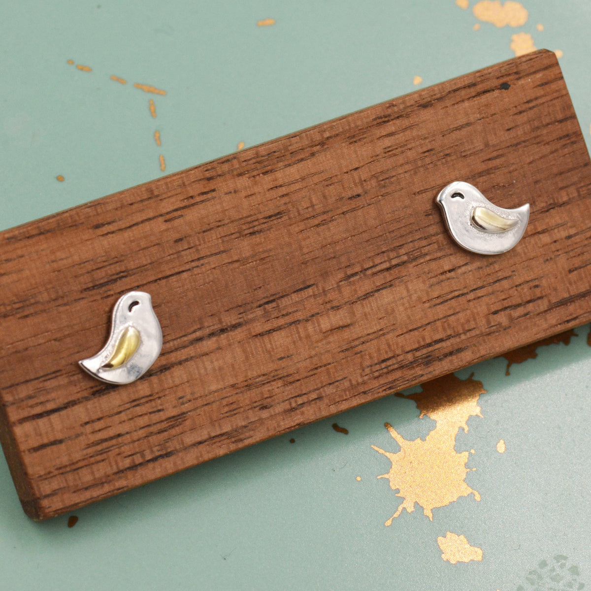 Little Wren Bird Stud Earrings in Sterling Silver- Gold and Silver Two Tone - Bird Earrings - Cute Animal, Fun, Whimsical and Pretty