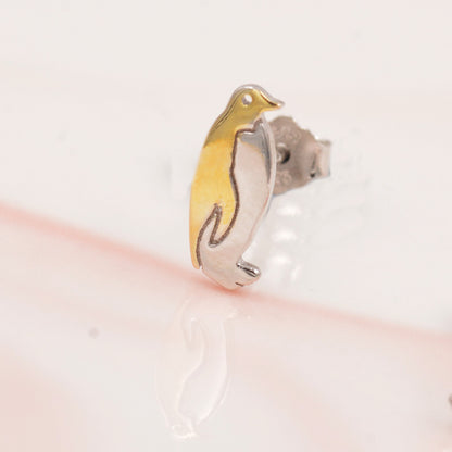 Penguin Stud Earrings in Sterling Silver - Small Pair of Penguin Bird Earrings - Gold and Silver Two Tone Plating - Cute Animal Stud