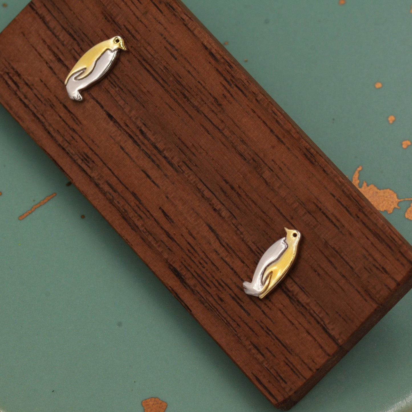 Penguin Stud Earrings in Sterling Silver - Small Pair of Penguin Bird Earrings - Gold and Silver Two Tone Plating - Cute Animal Stud