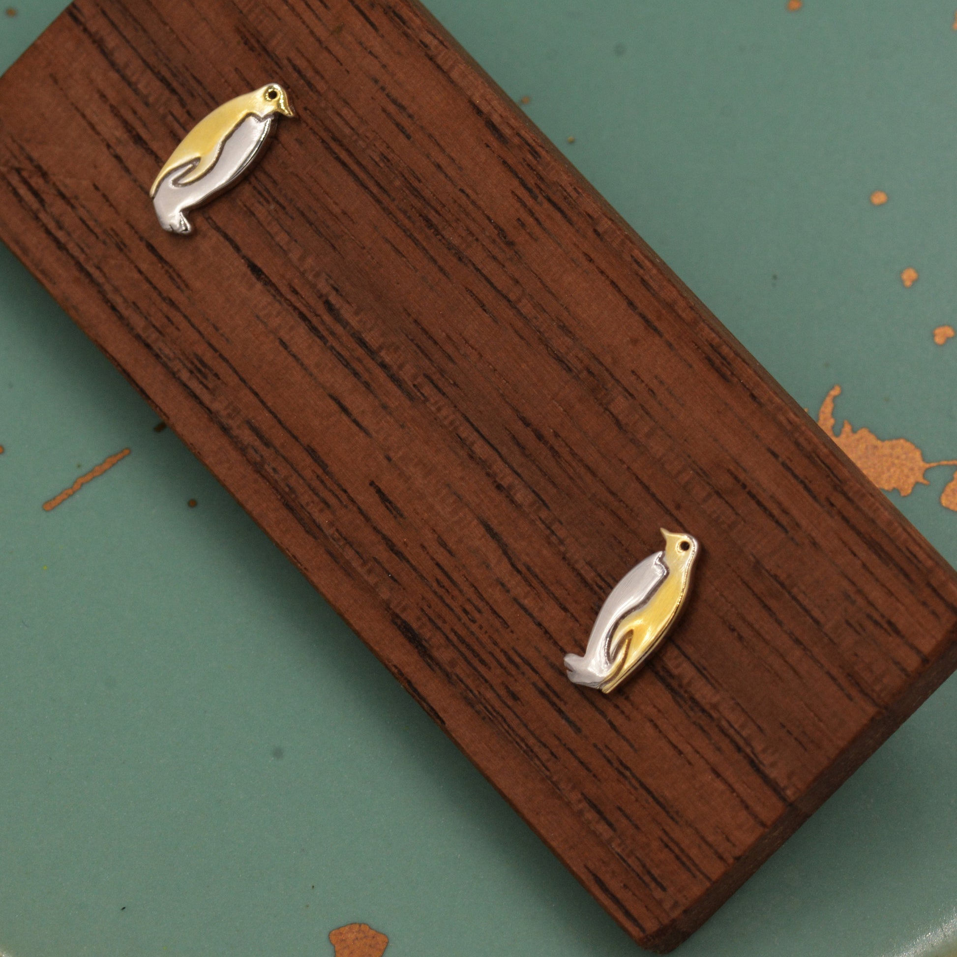 Penguin Stud Earrings in Sterling Silver - Small Pair of Penguin Bird Earrings - Gold and Silver Two Tone Plating - Cute Animal Stud