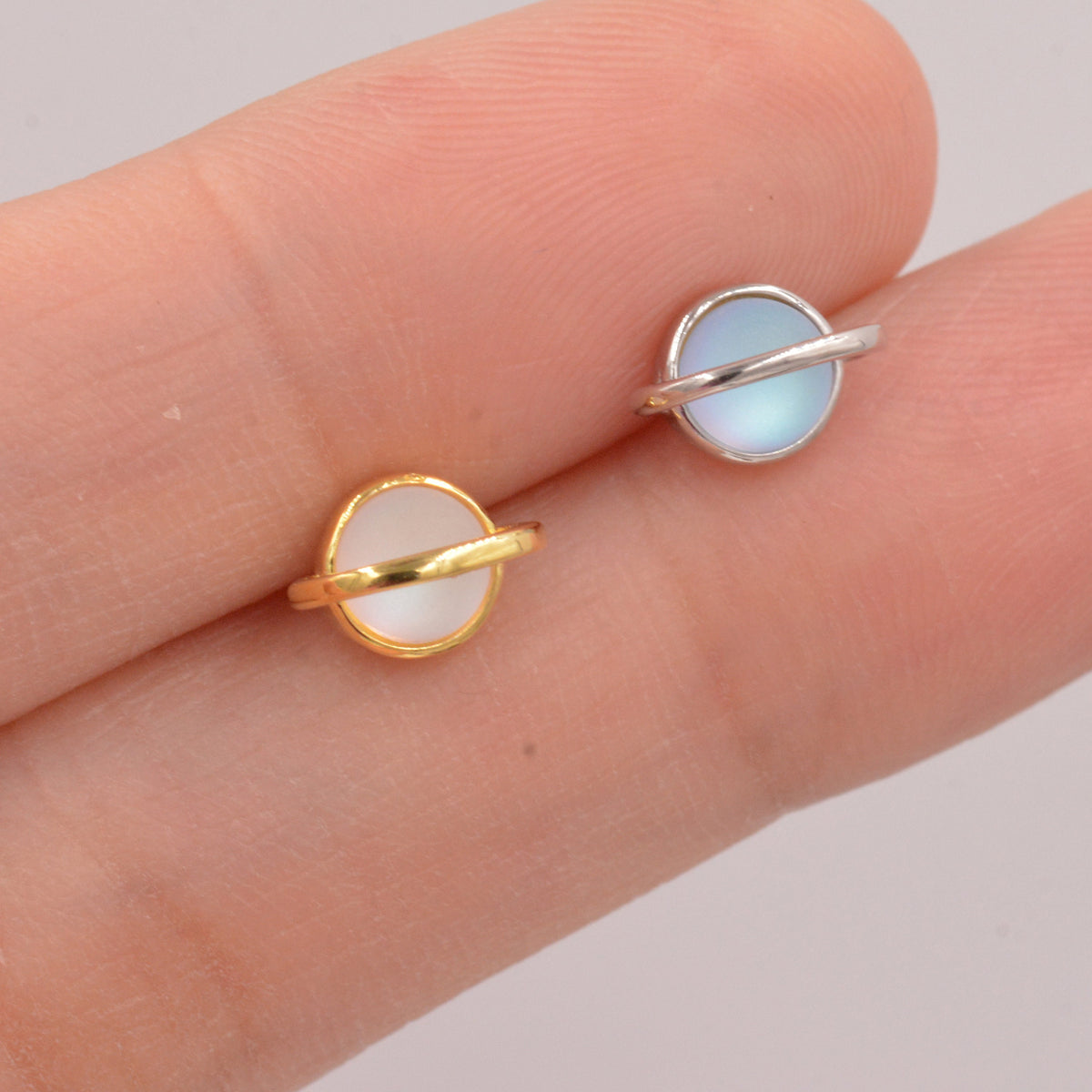 Little Planet Stud Earrings in Sterling Silver - Simulated Moonstone - Gold or Silver - - Sold as a Pair - Cute, Fun, Whimsical and Pretty