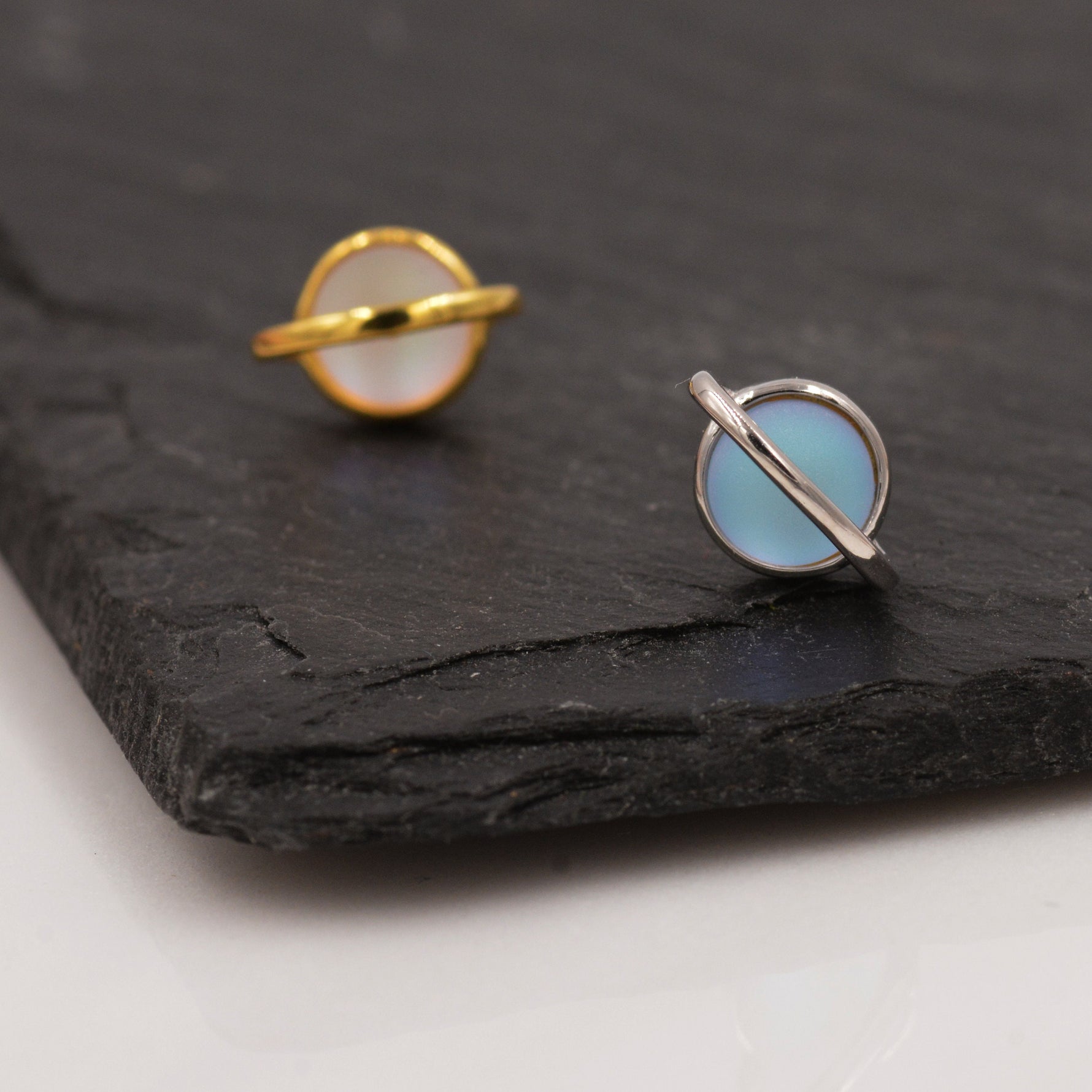 Little Planet Stud Earrings in Sterling Silver - Simulated Moonstone - Gold or Silver - - Sold as a Pair - Cute, Fun, Whimsical and Pretty