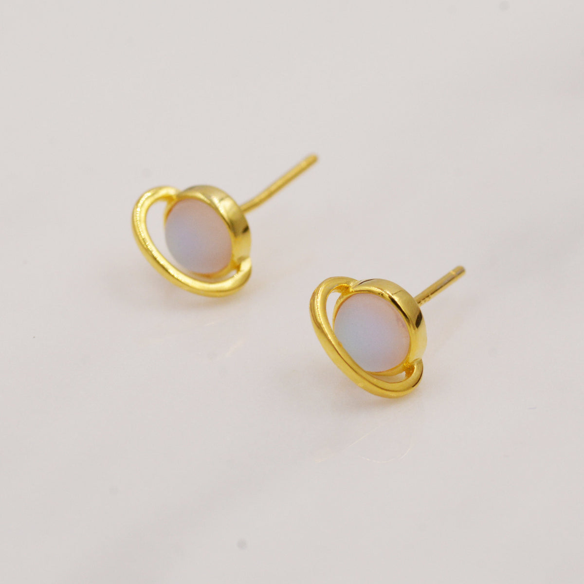 Little Planet Stud Earrings in Sterling Silver - Simulated Moonstone - Gold or Silver - - Sold as a Pair - Cute, Fun, Whimsical and Pretty