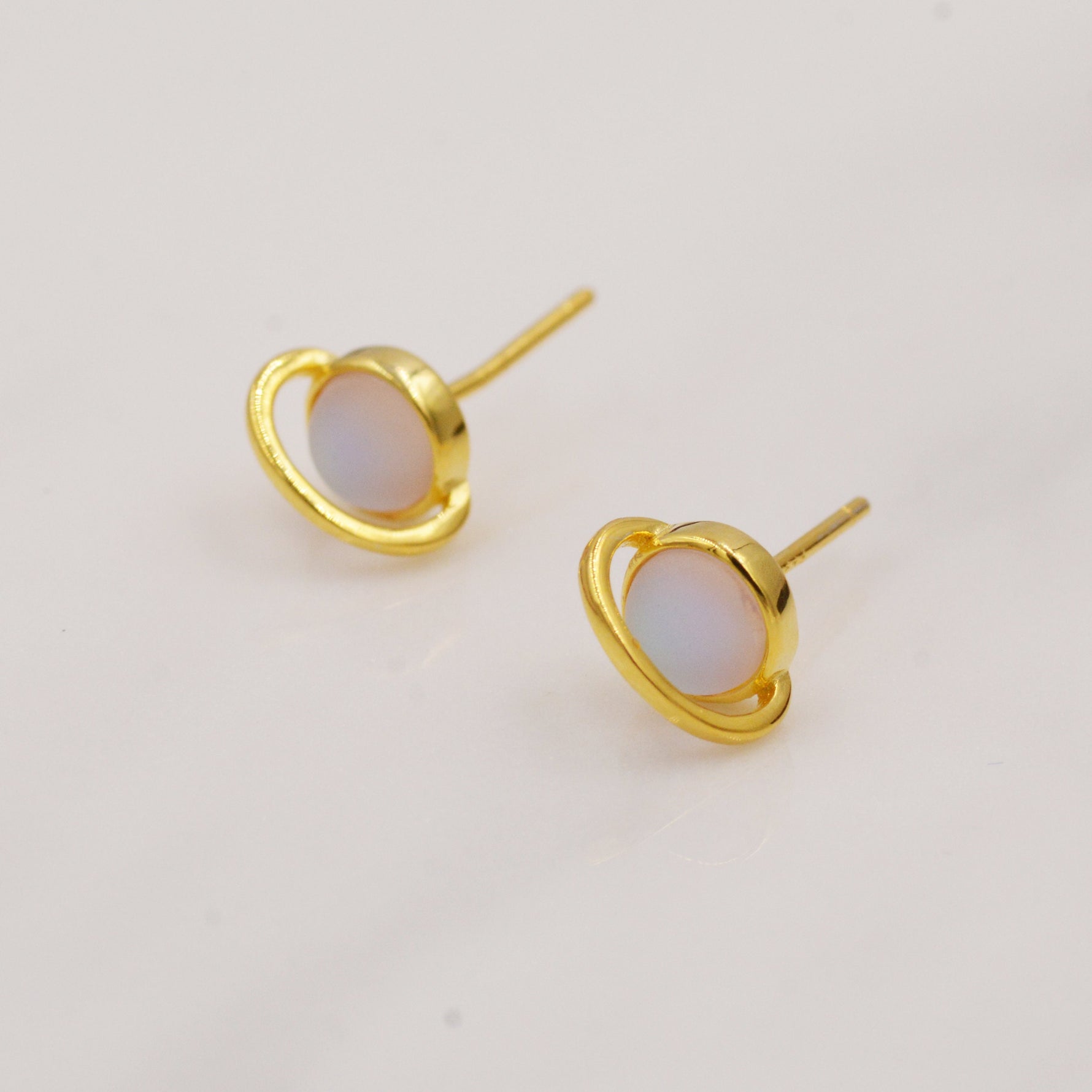 Little Planet Stud Earrings in Sterling Silver - Simulated Moonstone - Gold or Silver - - Sold as a Pair - Cute, Fun, Whimsical and Pretty