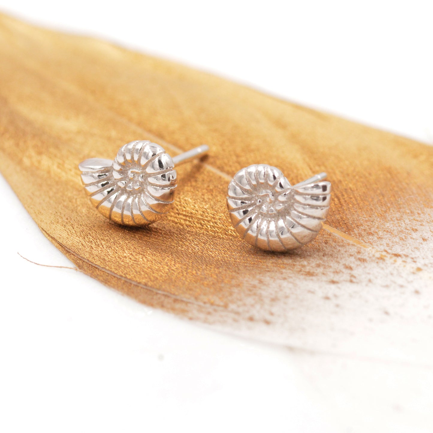 Sterling Silver Ammonite Shell Stud Earrings - Cute   Fun, Whimsical - Sea Ocean Theme - Nature Inspired