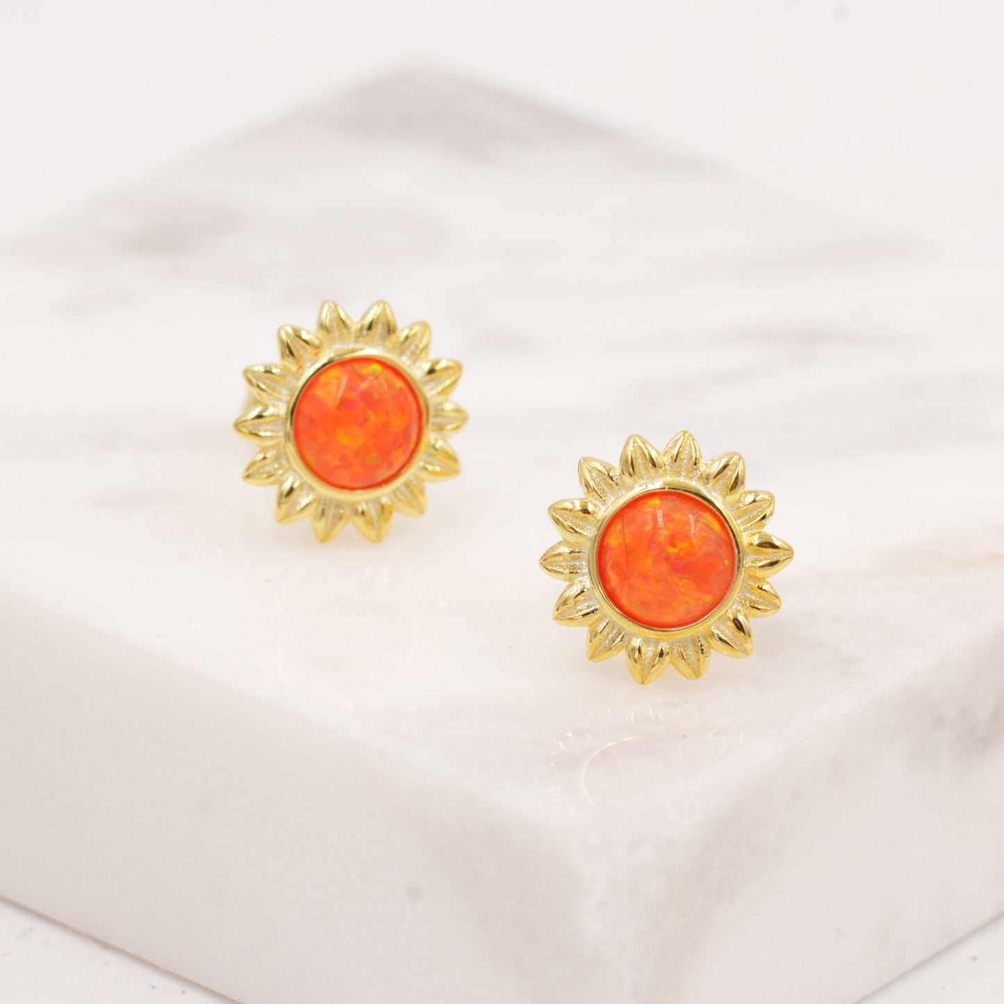 Opal Sunflower Stud Earrings in Sterling Silver - Flower Stud Earrings  - Cute,  Fun, Whimsical