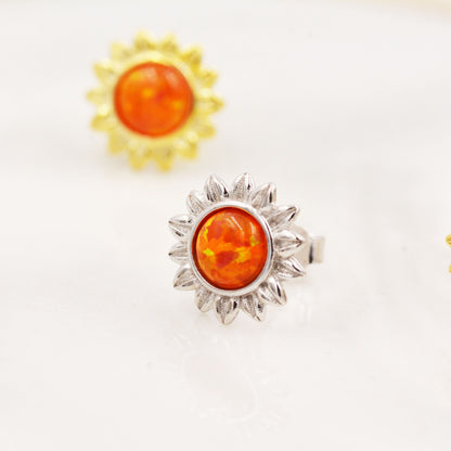 Opal Sunflower Stud Earrings in Sterling Silver - Flower Stud Earrings  - Cute,  Fun, Whimsical