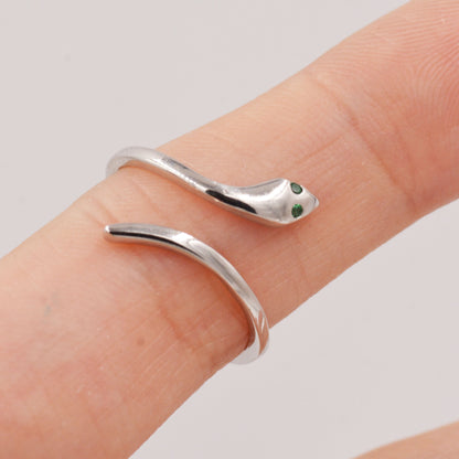 Snake Wrap Ring in Sterling Silver - Emerald Green Eyed Snake Ring - Adjustable and Available in Three Sizes