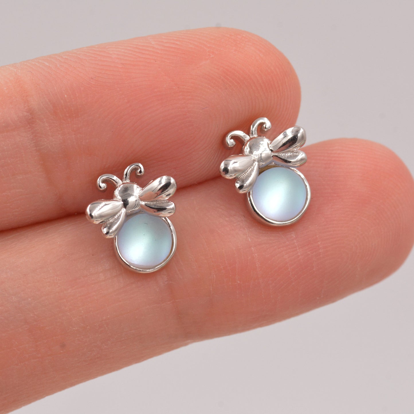 Firefly Stud Earrings in Sterling Silver with Frosted Moonstone - Cute, Fun, Whimsical and Pretty Jewellery