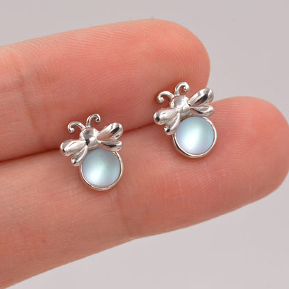 Firefly Stud Earrings in Sterling Silver with Frosted Moonstone - Cute, Fun, Whimsical and Pretty Jewellery