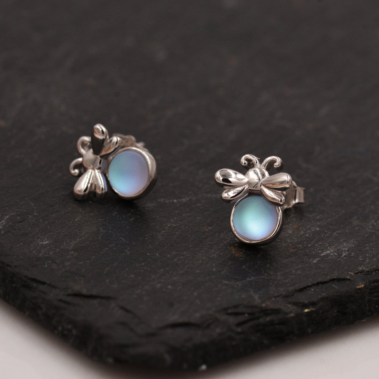 Firefly Stud Earrings in Sterling Silver with Frosted Moonstone - Cute, Fun, Whimsical and Pretty Jewellery