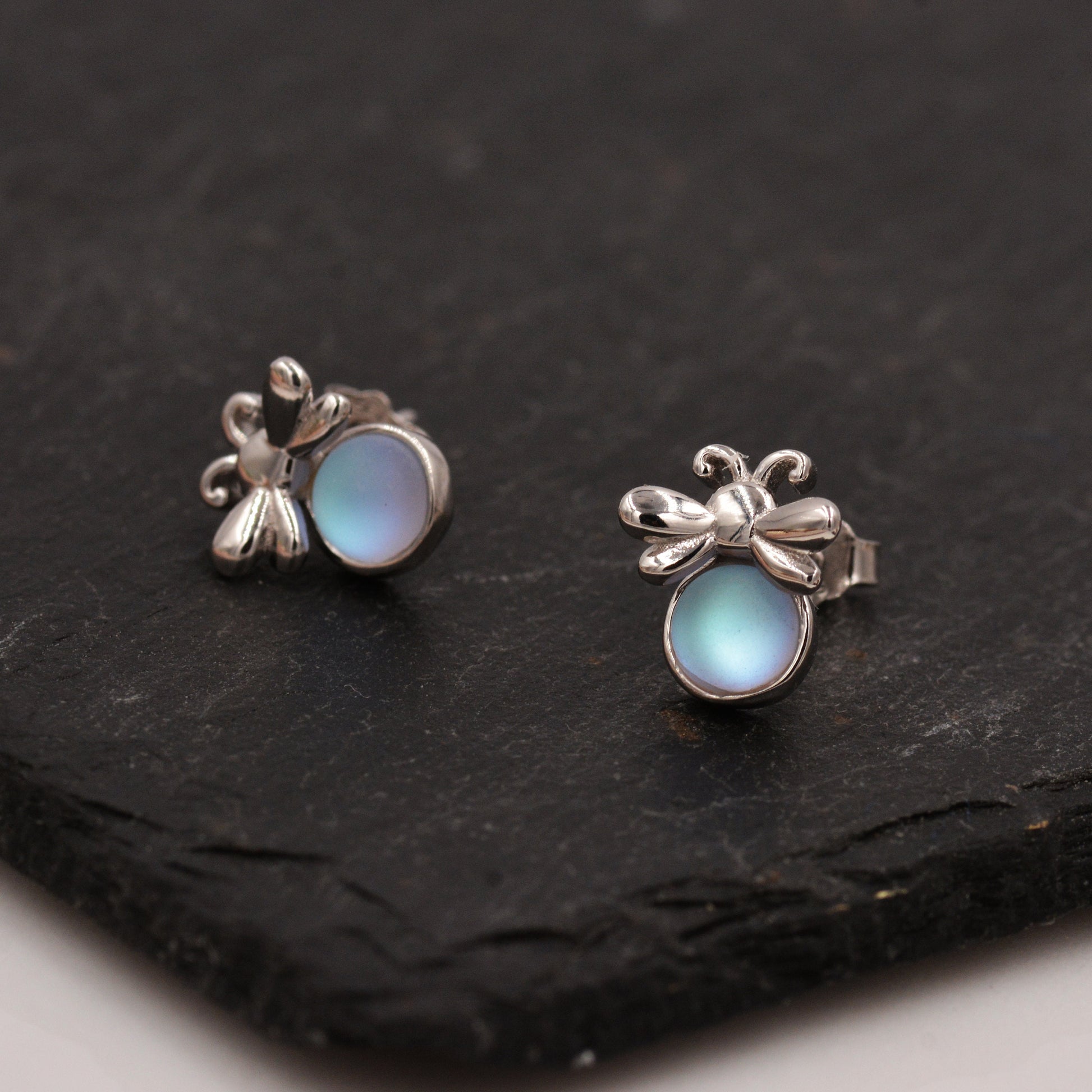 Firefly Stud Earrings in Sterling Silver with Frosted Moonstone - Cute, Fun, Whimsical and Pretty Jewellery