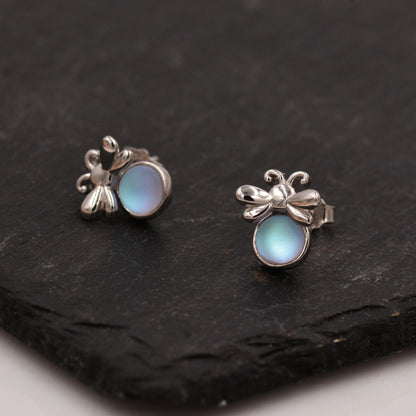 Firefly Stud Earrings in Sterling Silver with Frosted Moonstone - Cute, Fun, Whimsical and Pretty Jewellery