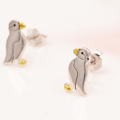 Puffin Bird Stud Earrings in Sterling Silver - Gold and Silver Two Tone - Cute, Fun, Whimsical and Pretty Jewellery