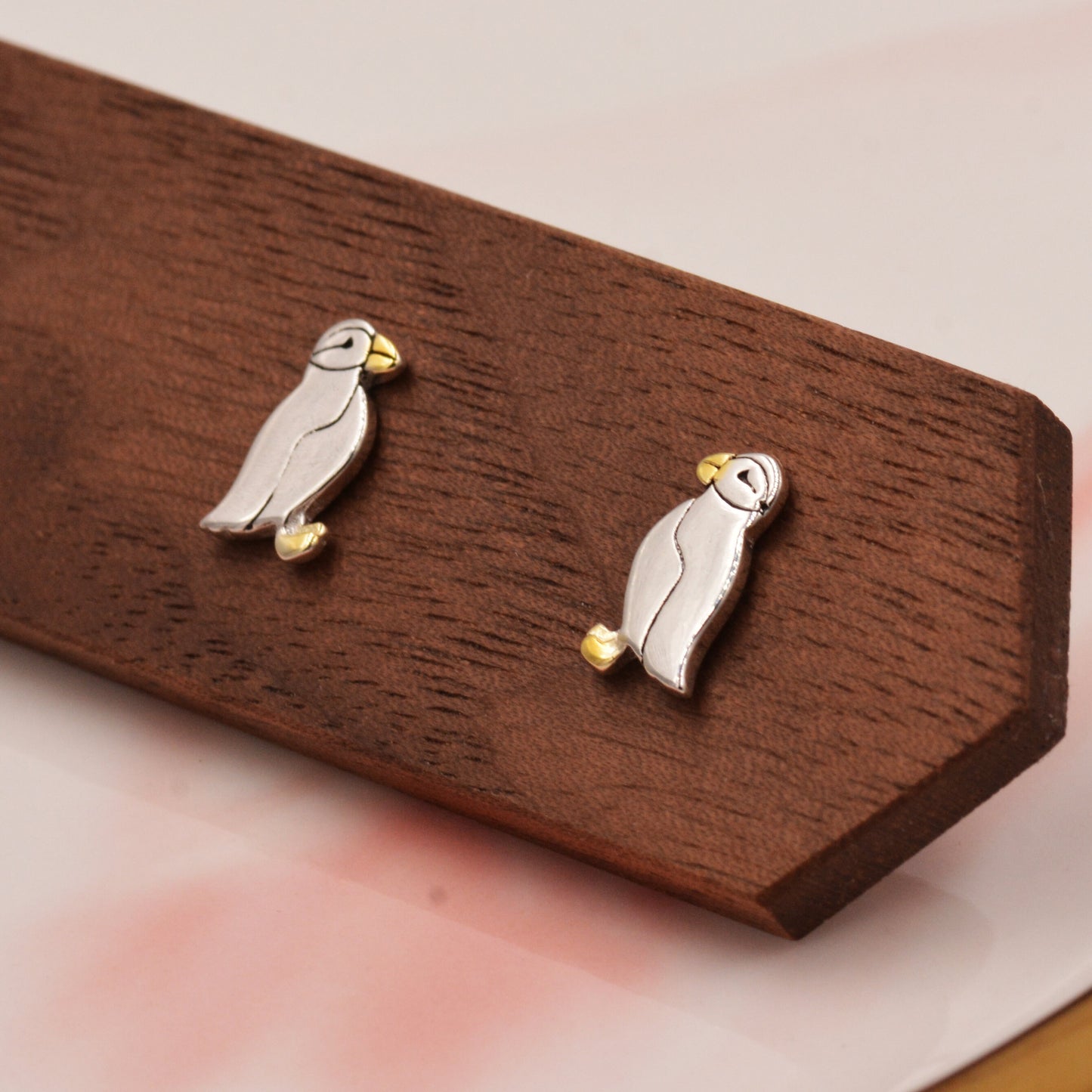 Puffin Bird Stud Earrings in Sterling Silver - Gold and Silver Two Tone - Cute, Fun, Whimsical and Pretty Jewellery