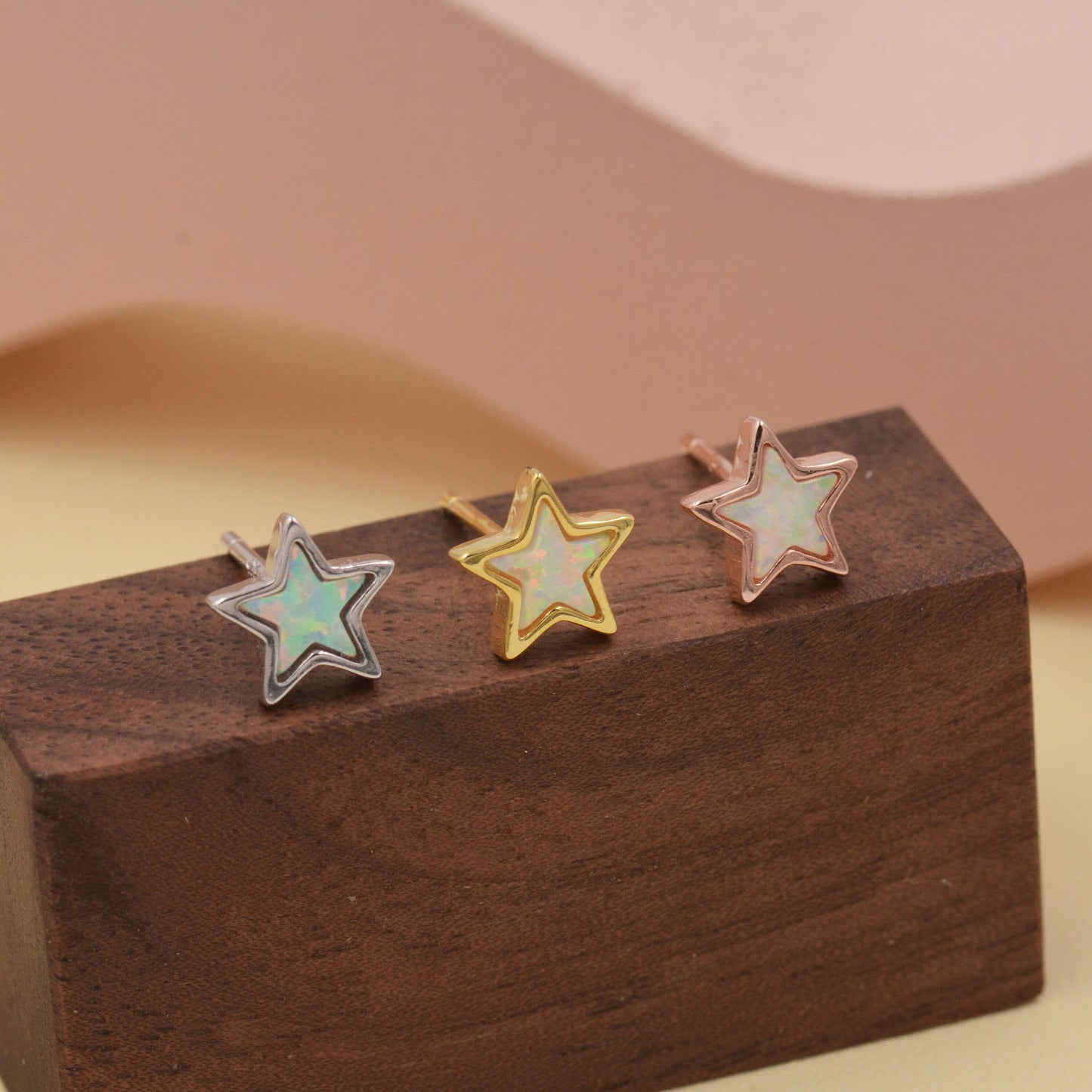 Opal Star Stud Earrings in Sterling Silver - Simulated Opal Stud Earrings - Silver Gold and Rose Gold - Geometric Minimalist