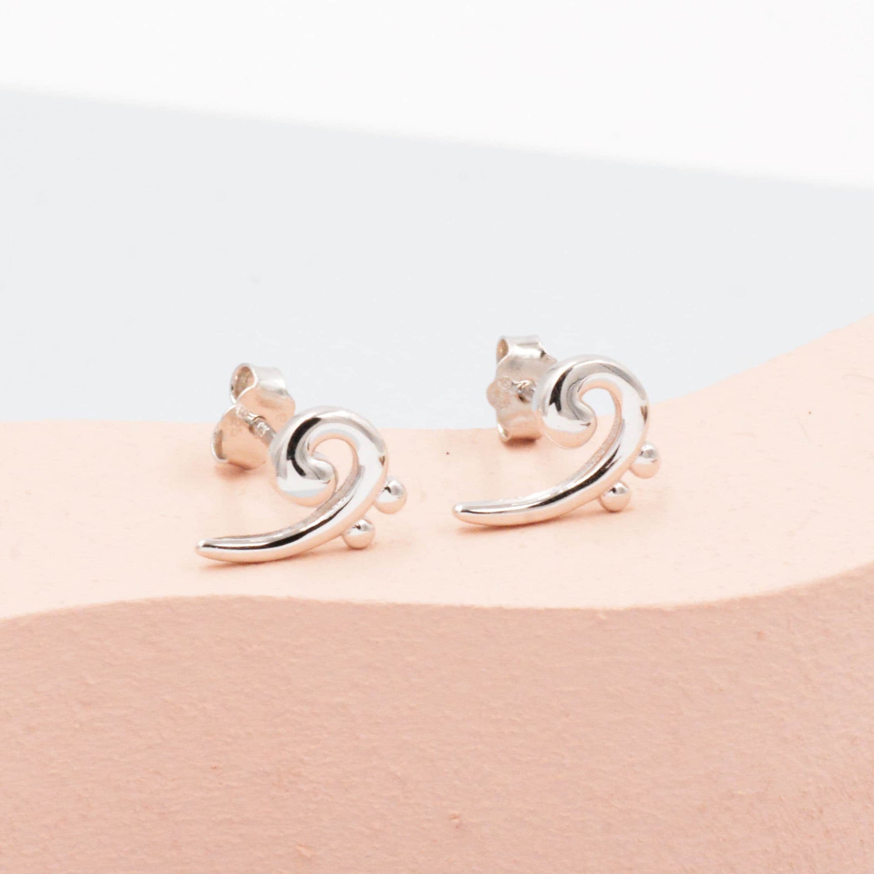 Bass Clef Music Note Stud Earrings in Sterling Silver - Small Pair of Music Earrings