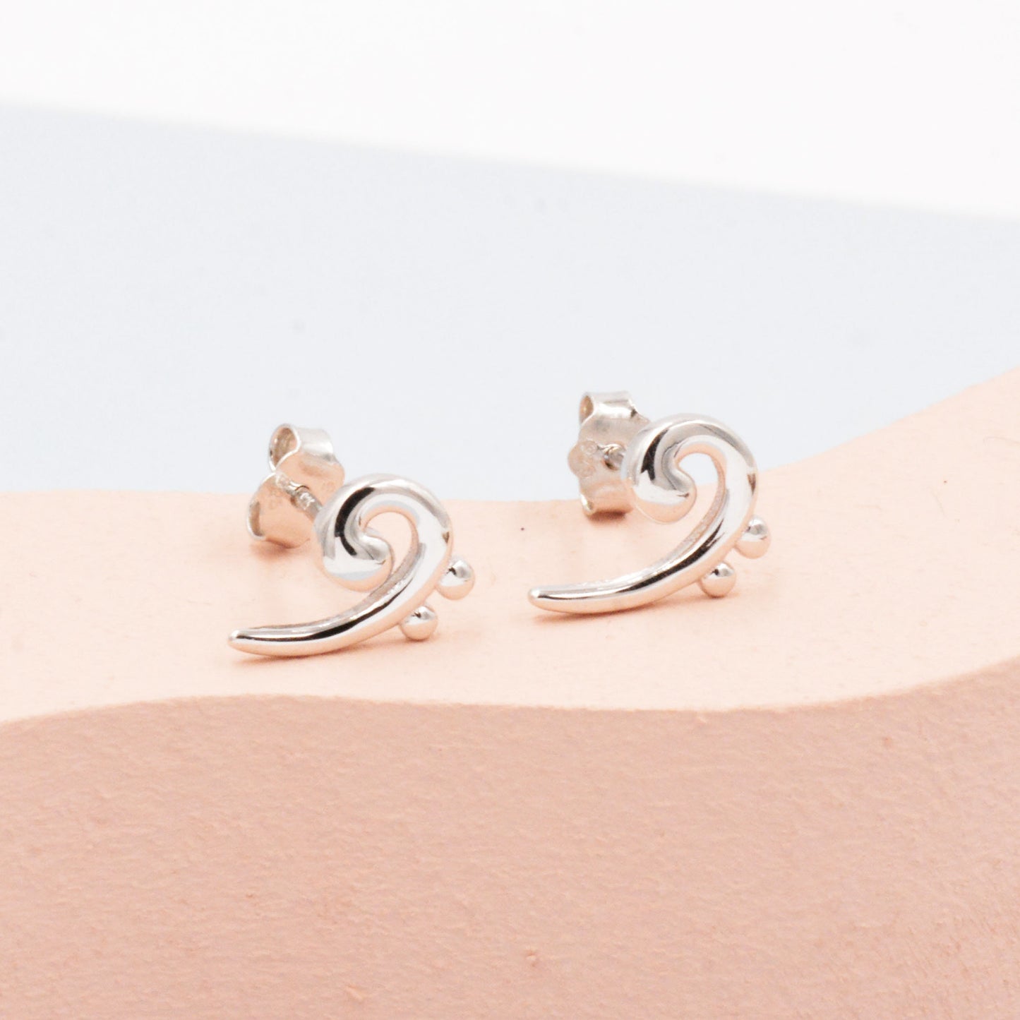 Bass Clef Music Note Stud Earrings in Sterling Silver - Small Pair of Music Earrings