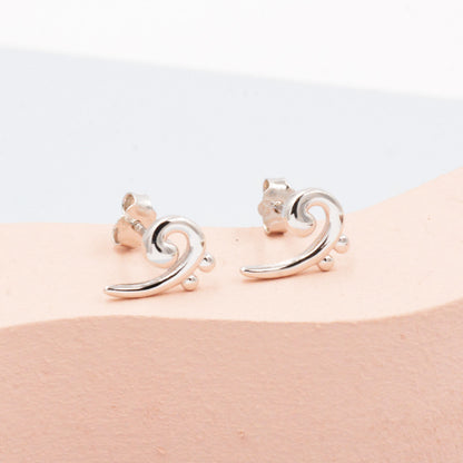 Bass Clef Music Note Stud Earrings in Sterling Silver - Small Pair of Music Earrings