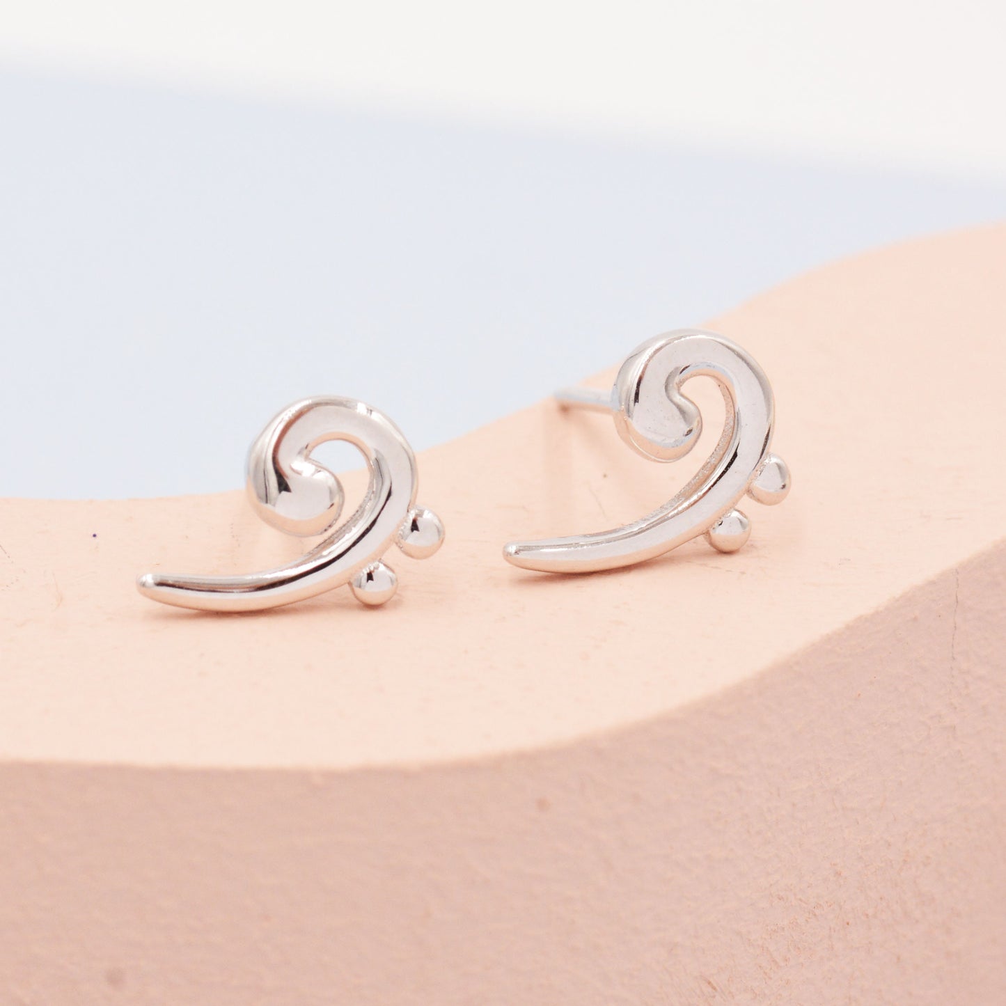 Bass Clef Music Note Stud Earrings in Sterling Silver - Small Pair of Music Earrings