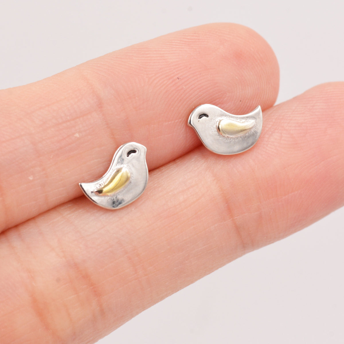 Little Wren Bird Stud Earrings in Sterling Silver- Gold and Silver Two Tone - Bird Earrings - Cute Animal, Fun, Whimsical and Pretty