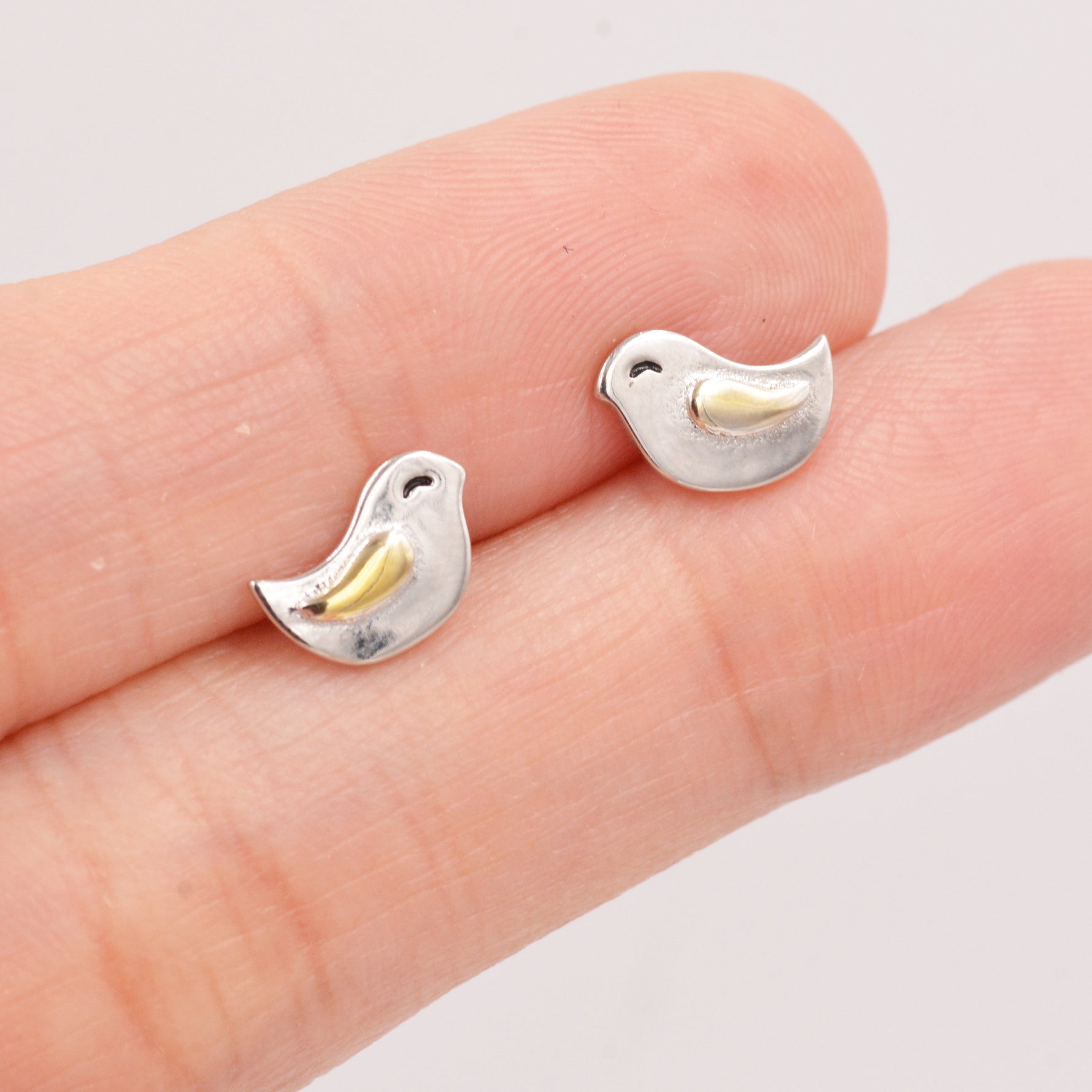 Little Wren Bird Stud Earrings in Sterling Silver- Gold and Silver Two Tone - Bird Earrings - Cute Animal, Fun, Whimsical and Pretty