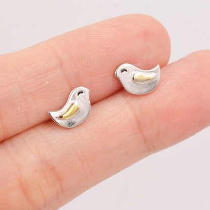 Little Wren Bird Stud Earrings in Sterling Silver- Gold and Silver Two Tone - Bird Earrings - Cute Animal, Fun, Whimsical and Pretty