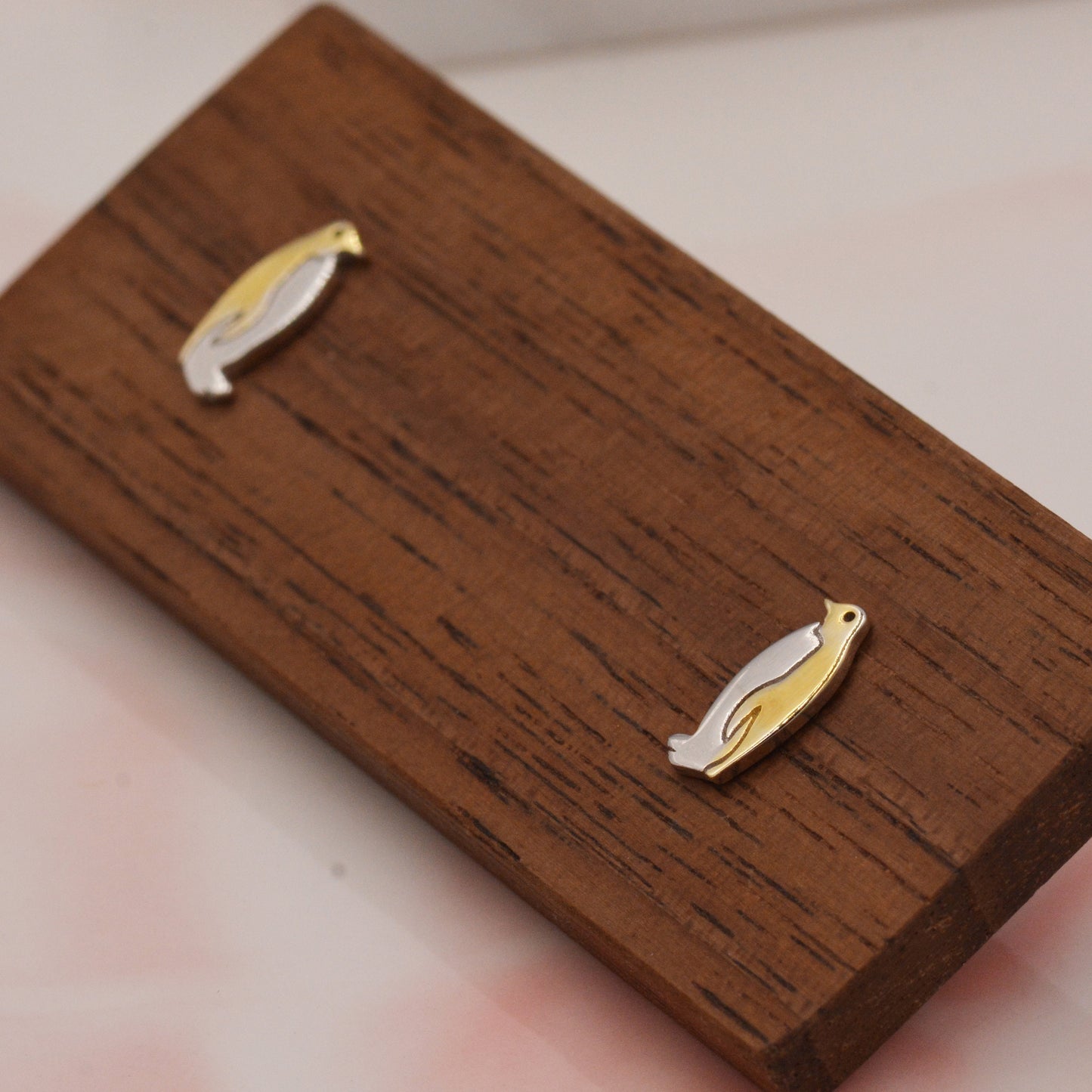 Penguin Stud Earrings in Sterling Silver - Small Pair of Penguin Bird Earrings - Gold and Silver Two Tone Plating - Cute Animal Stud