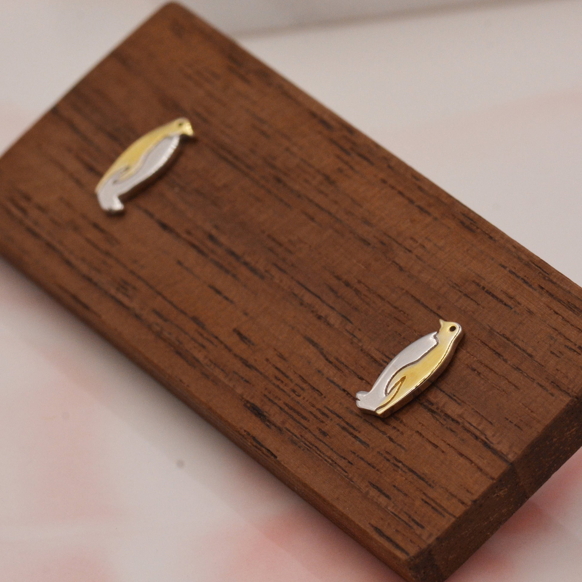 Penguin Stud Earrings in Sterling Silver - Small Pair of Penguin Bird Earrings - Gold and Silver Two Tone Plating - Cute Animal Stud