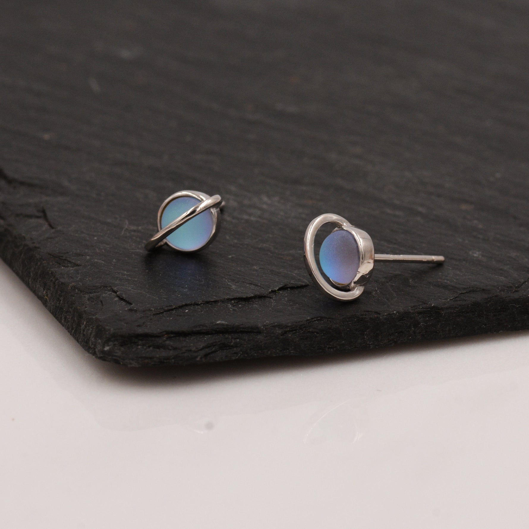 Little Planet Stud Earrings in Sterling Silver - Simulated Moonstone - Gold or Silver - - Sold as a Pair - Cute, Fun, Whimsical and Pretty