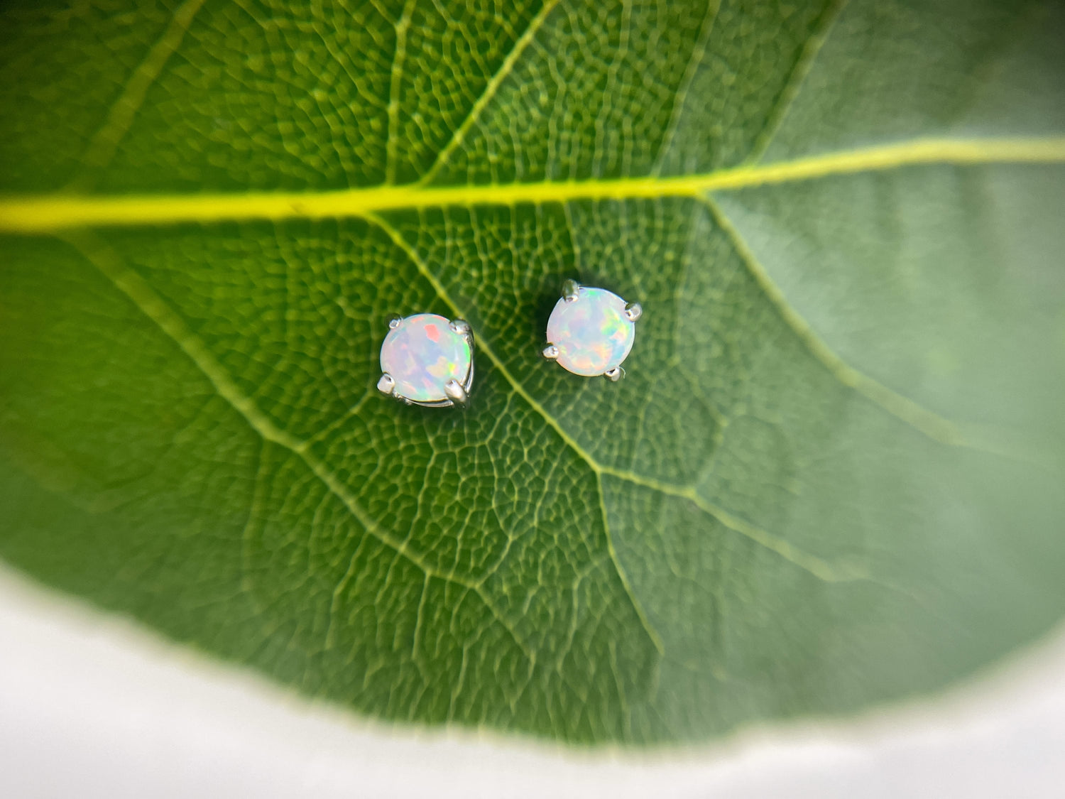 Minimalist Opal Stud Earrings in Sterling Silver, Simulated White Opal, Tiny Circle Dot Jewellery