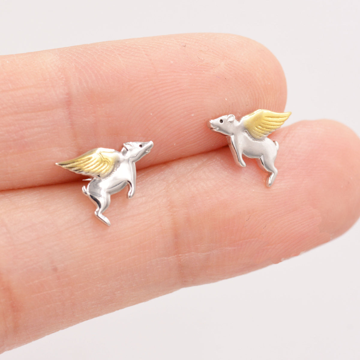 Flying Pig Stud Earrings in Sterling Silver - Pigs Can Fly - Farm Animal Stud Earrings - Cute, Fun, Whimsical