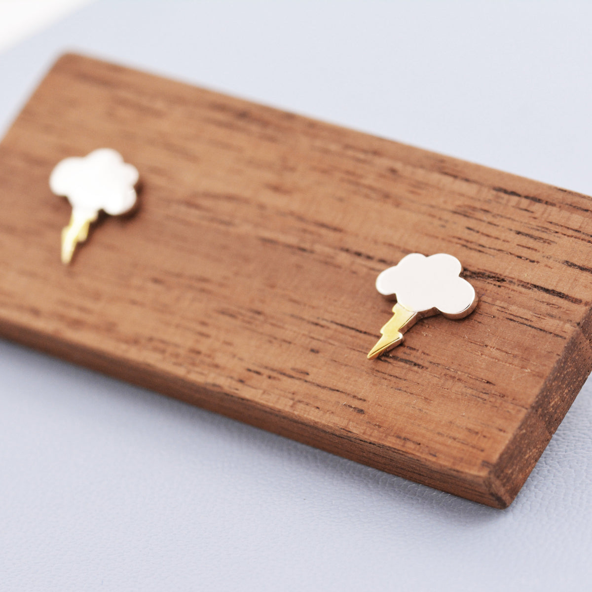 Dainty Little Cloud and Lightning Bolt Stud Earrings in Sterling Silver - Two Tone Gold and Silver Earrings - Fun, Whimsical