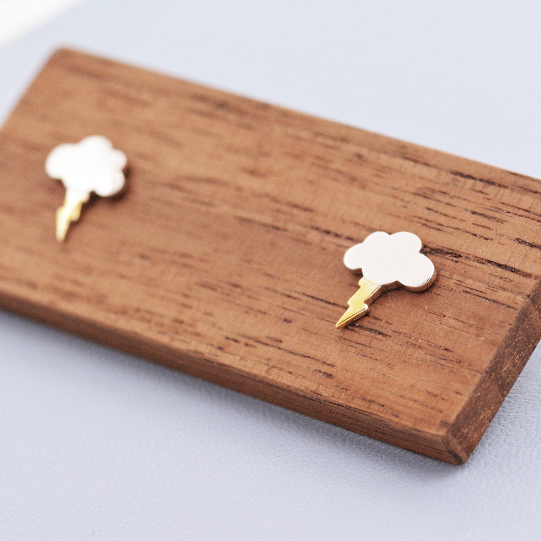 Dainty Little Cloud and Lightning Bolt Stud Earrings in Sterling Silver - Two Tone Gold and Silver Earrings - Fun, Whimsical