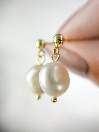 Genuine Fresh Water Pearls Drop Stud Earrings, Baroque Pearl Earrings, Sterling silver with 18ct Gold Plating, Simple and Minimalist